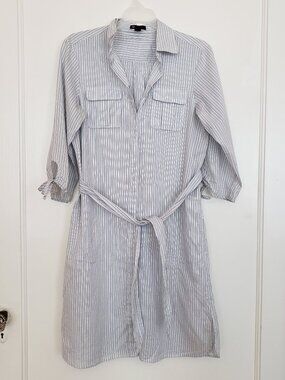 Gap Striped Shirt Dress 6 Blue White Cotton Tie Waist Button Down Pockets